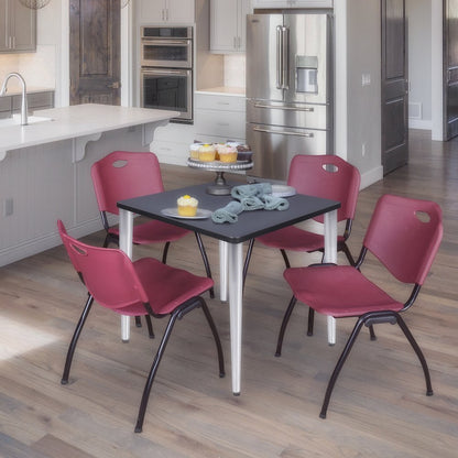 30 Square Breakroom Table- Grey Top, Chrome Base & 4 M Stack Chairs- Burgundy