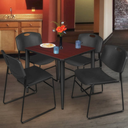 30 Square Breakroom Table- Mahogany Top, Black Base & 4 Zeng Stack Chairs- Black