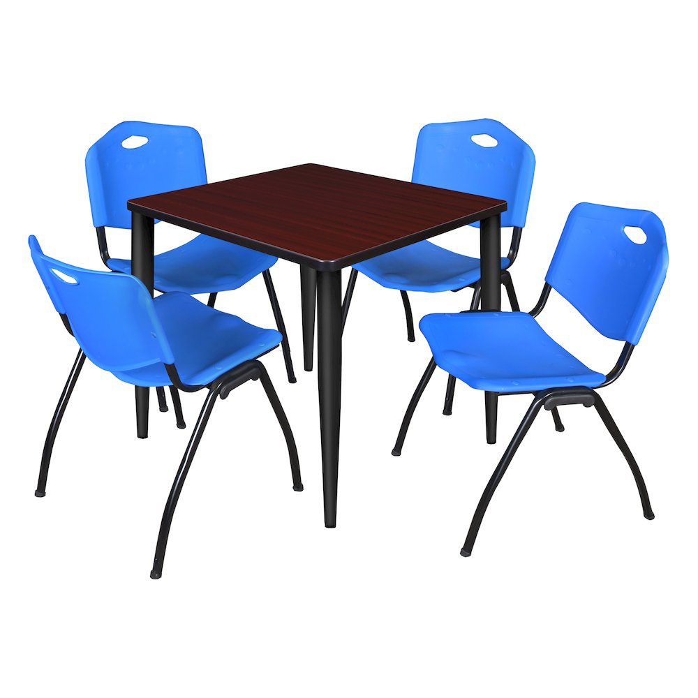 30 in. Square Breakroom Table- Mahogany Top, Black Base & 4 M Stack Chairs- Blue