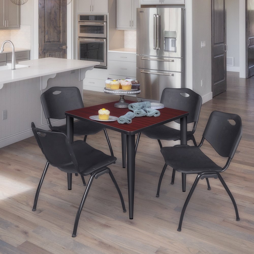 30 Square Breakroom Table- Mahogany Top, Black Base & 4 M Stack Chairs- Black