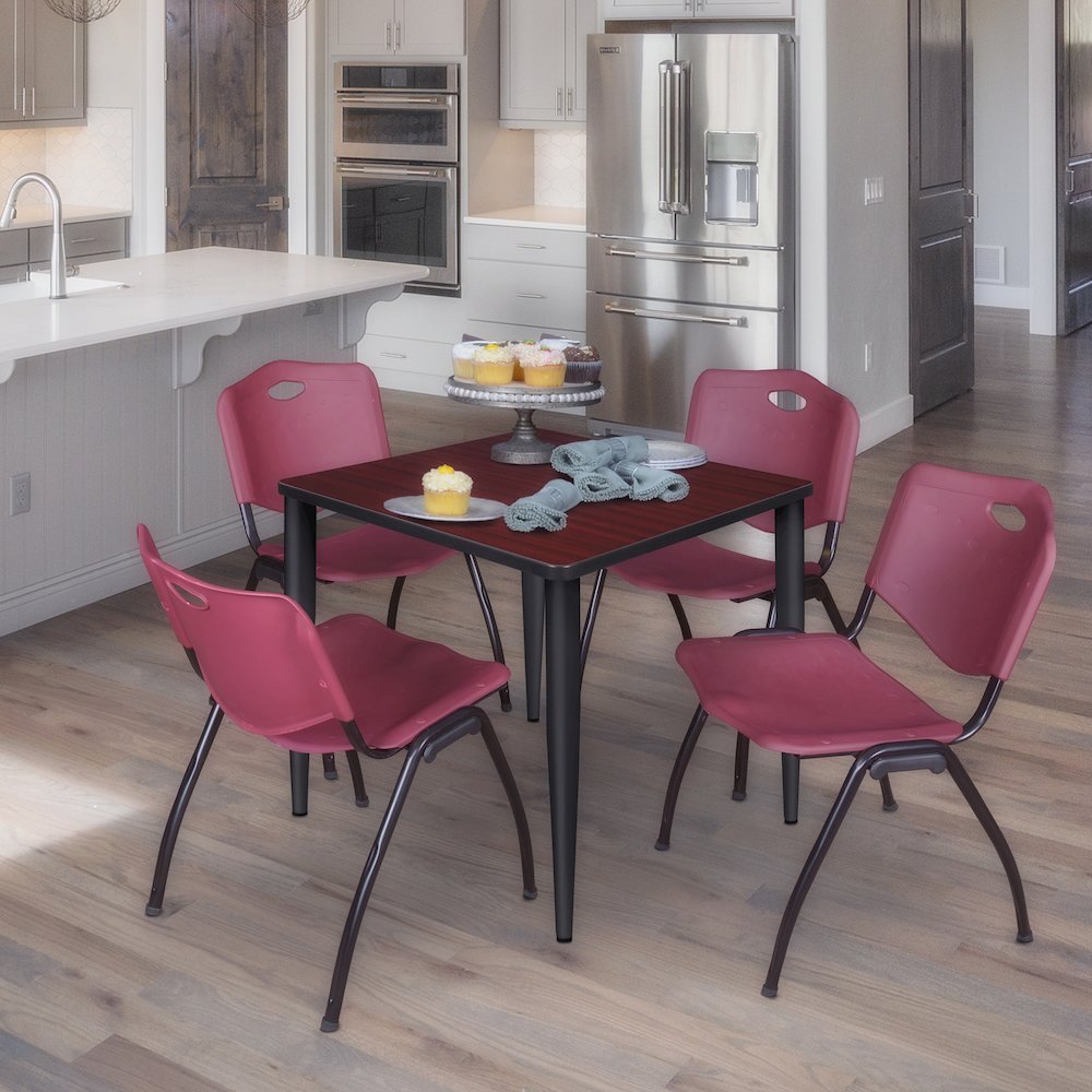 30 Square Breakroom Table- Mahogany Top, Black Base & 4 M Stack Chairs- Burgundy