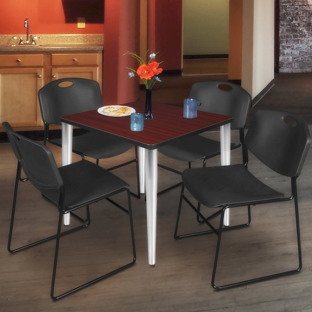 30 Square Breakroom Table- Mahogany Top, Chrome Base & 4 Stack Chairs- Black
