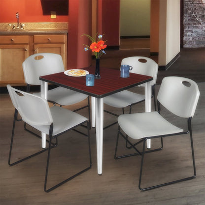 30 Square Breakroom Table- Mahogany Top, Chrome Base & 4 Zeng Stack Chairs- Grey