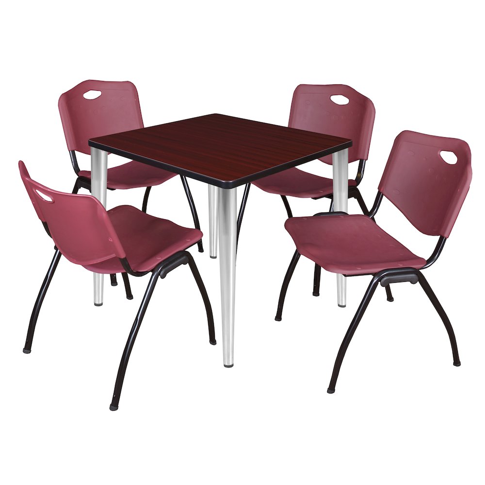 30 Square Breakroom Table- Mahogany Top, Chrome Base, 4 M Stack Chairs- Burgundy