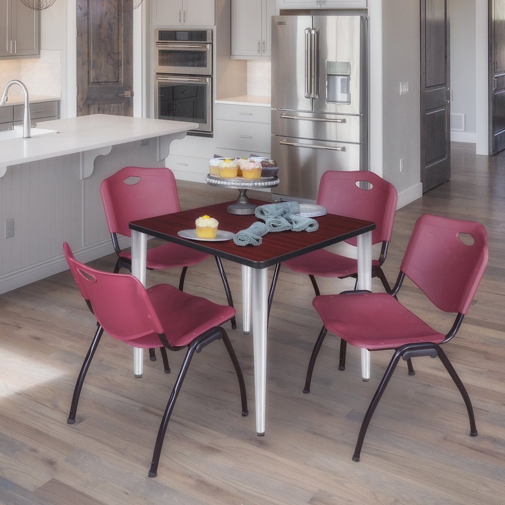 30 Square Breakroom Table- Mahogany Top, Chrome Base, 4 M Stack Chairs- Burgundy