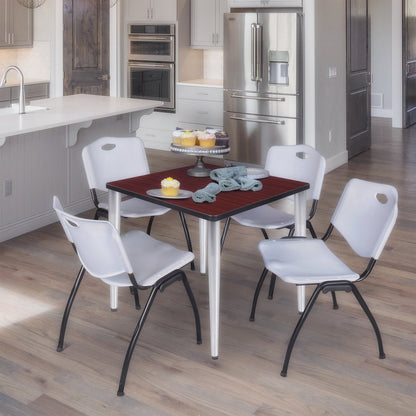 30 Square Breakroom Table- Mahogany Top, Chrome Base & 4 M Stack Chairs- Grey