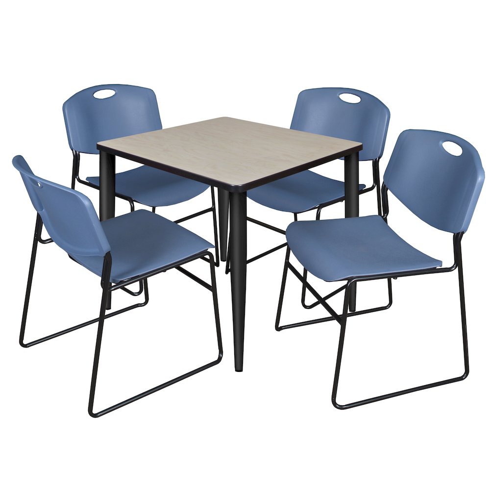 30 in. Square Breakroom Table- Maple Top, Black Base & 4 Zeng Stack Chairs- Blue