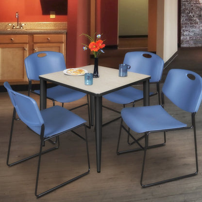30 in. Square Breakroom Table- Maple Top, Black Base & 4 Zeng Stack Chairs- Blue