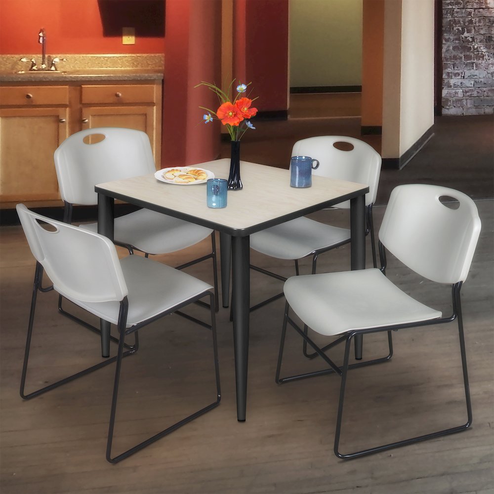 30 in. Square Breakroom Table- Maple Top, Black Base & 4 Zeng Stack Chairs- Grey