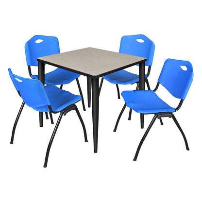 30 in. Square Breakroom Table- Maple Top, Black Base & 4 M Stack Chairs- Blue