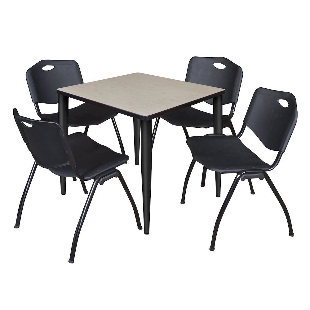 30 in. Square Breakroom Table- Maple Top, Black Base & 4 M Stack Chairs- Black