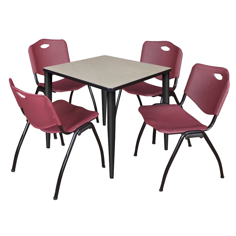 30 Square Breakroom Table- Maple Top, Black Base & 4 M Stack Chairs- Burgundy
