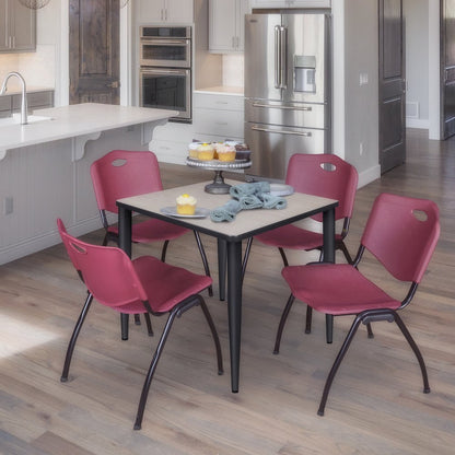 30 Square Breakroom Table- Maple Top, Black Base & 4 M Stack Chairs- Burgundy
