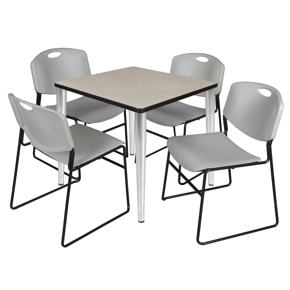 30 Square Breakroom Table- Maple Top, Chrome Base & 4 Zeng Stack Chairs- Grey
