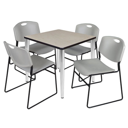 30 Square Breakroom Table- Maple Top, Chrome Base & 4 Zeng Stack Chairs- Grey