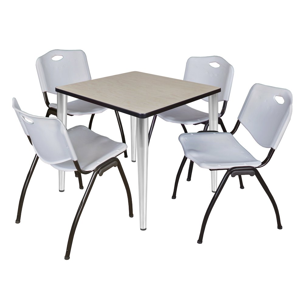 30 in. Square Breakroom Table- Maple Top, Chrome Base & 4 M Stack Chairs- Grey