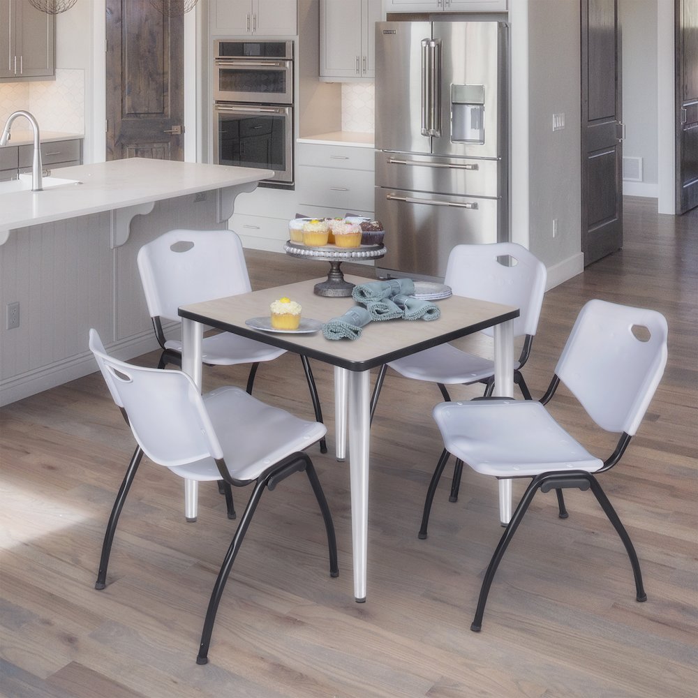 30 in. Square Breakroom Table- Maple Top, Chrome Base & 4 M Stack Chairs- Grey