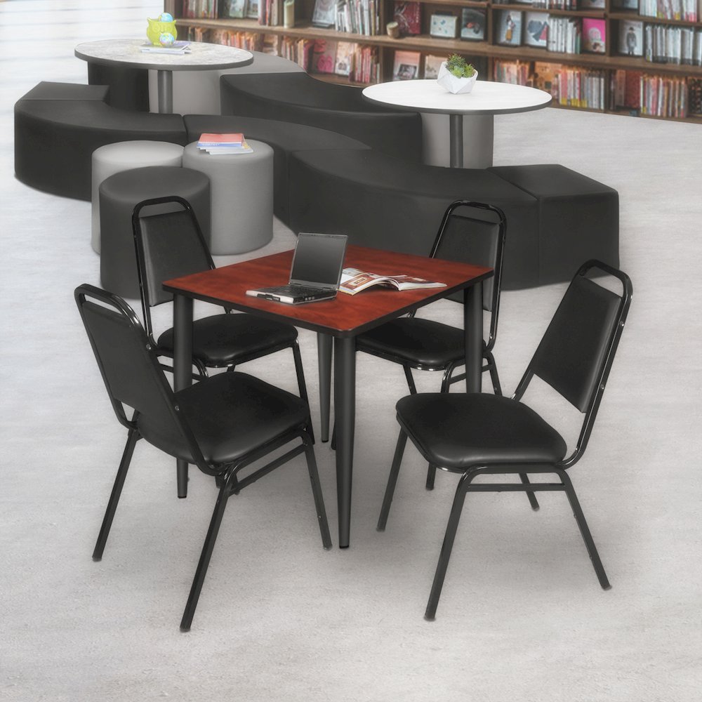 36 Square Breakroom Table- Cherry Top, Black Base & 4 Stack Chairs- Black