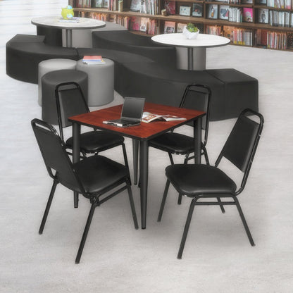 36 Square Breakroom Table- Cherry Top, Black Base & 4 Stack Chairs- Black