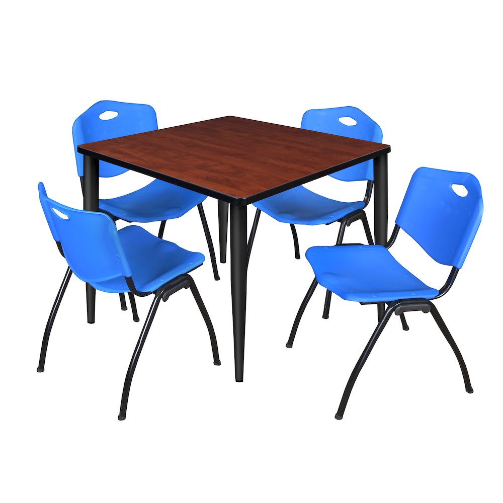 36 in. Square Breakroom Table- Cherry Top, Black Base & 4 M Stack Chairs- Blue