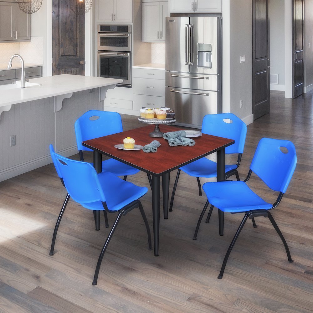 36 in. Square Breakroom Table- Cherry Top, Black Base & 4 M Stack Chairs- Blue