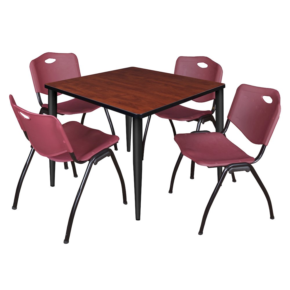36 Square Breakroom Table- Cherry Top, Black Base & 4 M Stack Chairs- Burgundy