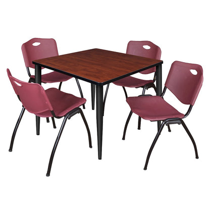 36 Square Breakroom Table- Cherry Top, Black Base & 4 M Stack Chairs- Burgundy