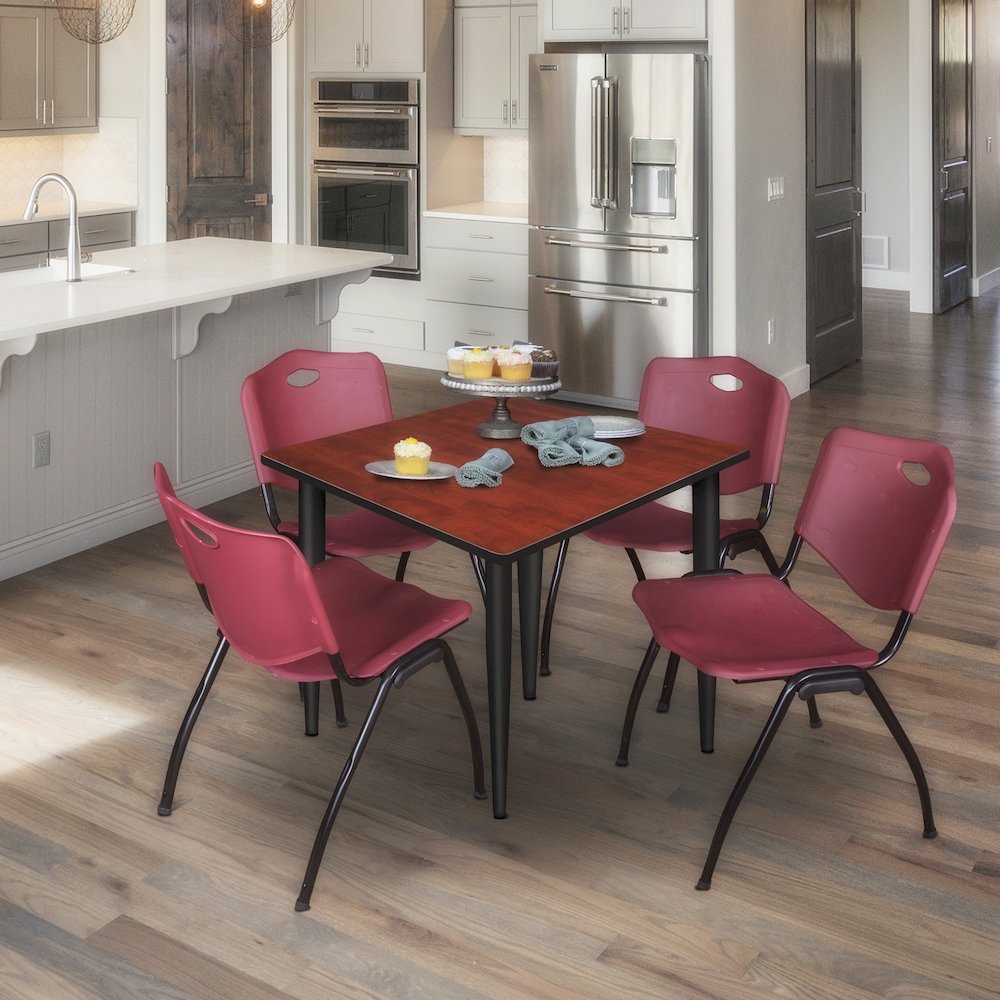 36 Square Breakroom Table- Cherry Top, Black Base & 4 M Stack Chairs- Burgundy