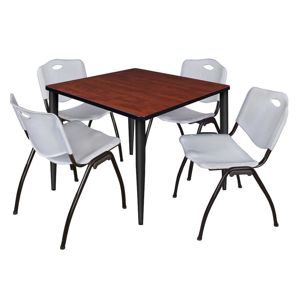 36 in. Square Breakroom Table- Cherry Top, Black Base & 4 M Stack Chairs- Grey