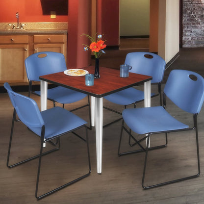 36 Square Breakroom Table- Cherry Top, Chrome Base & 4 Zeng Stack Chairs- Blue