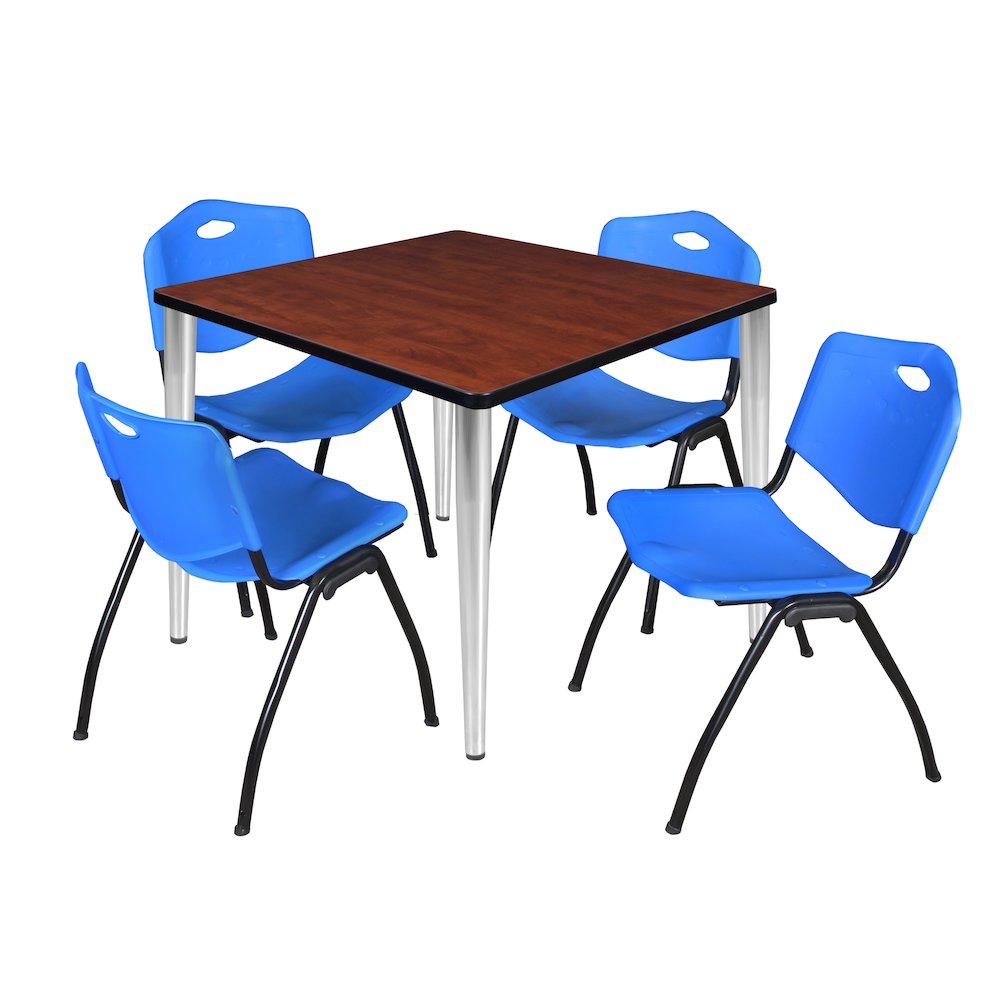 36 in. Square Breakroom Table- Cherry Top, Chrome Base & 4 M Stack Chairs- Blue