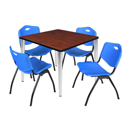 36 in. Square Breakroom Table- Cherry Top, Chrome Base & 4 M Stack Chairs- Blue