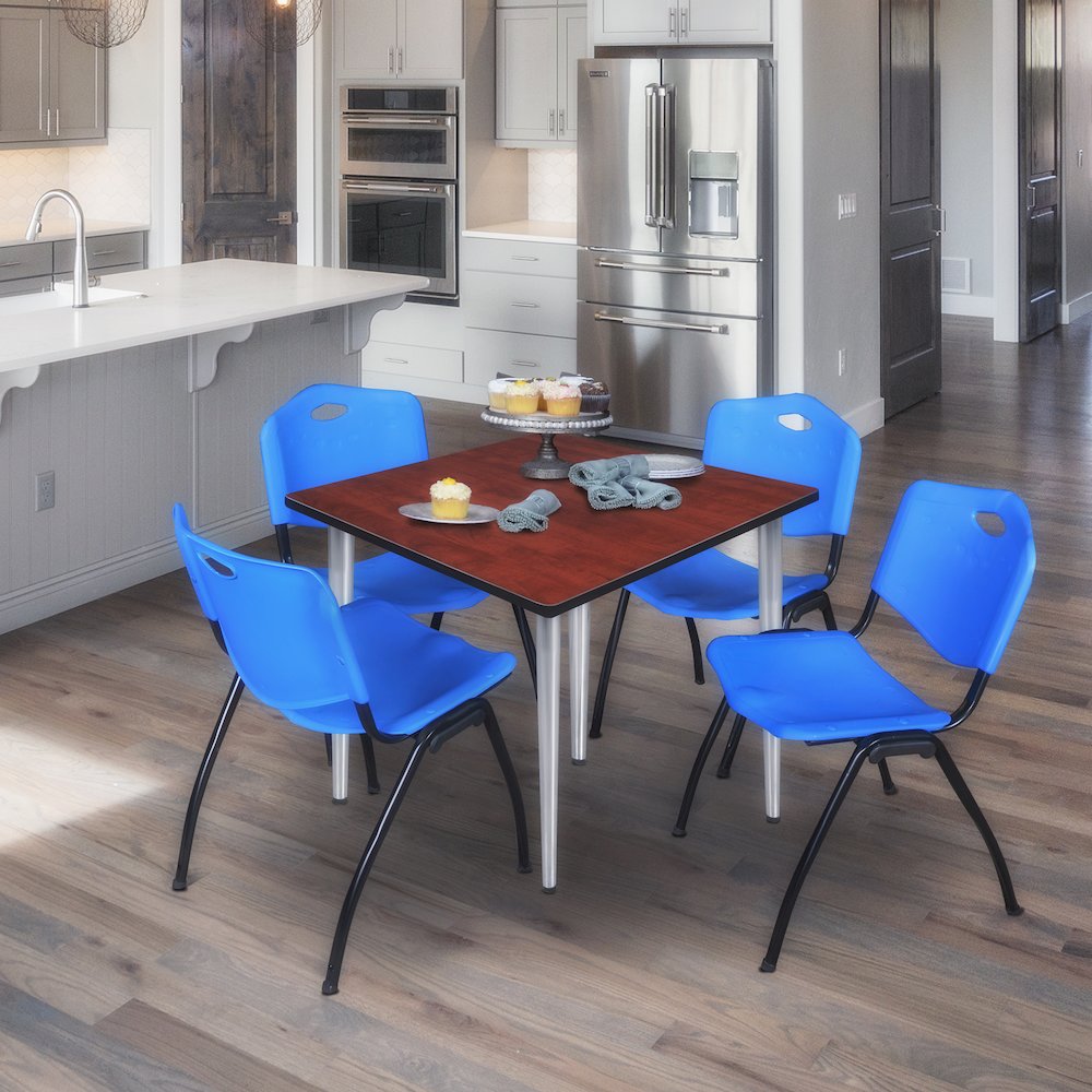 36 in. Square Breakroom Table- Cherry Top, Chrome Base & 4 M Stack Chairs- Blue