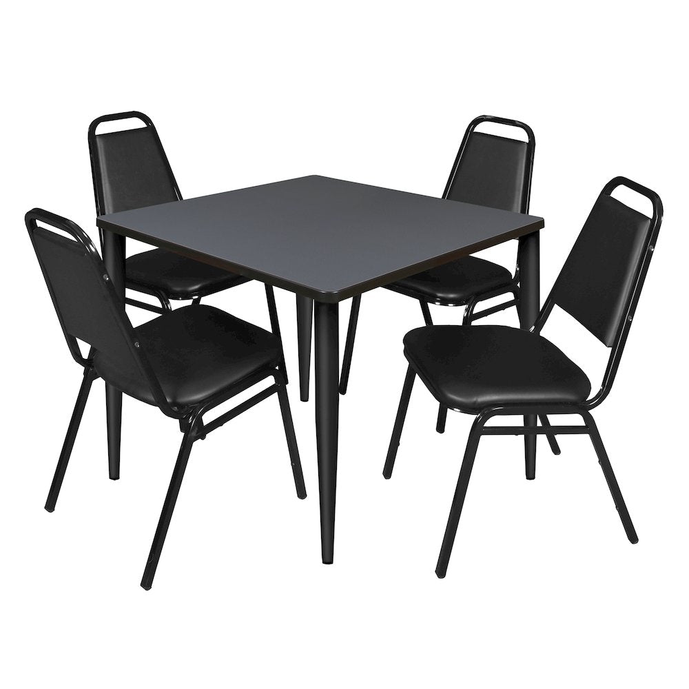 36 Square Breakroom Table- Grey Top, Black Base & 4 Stack Chairs- Black