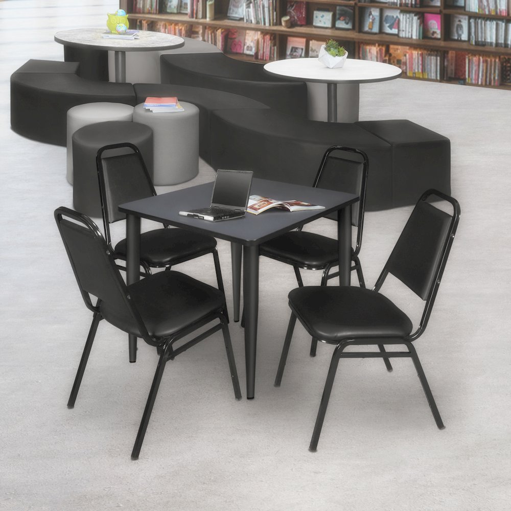 36 Square Breakroom Table- Grey Top, Black Base & 4 Stack Chairs- Black