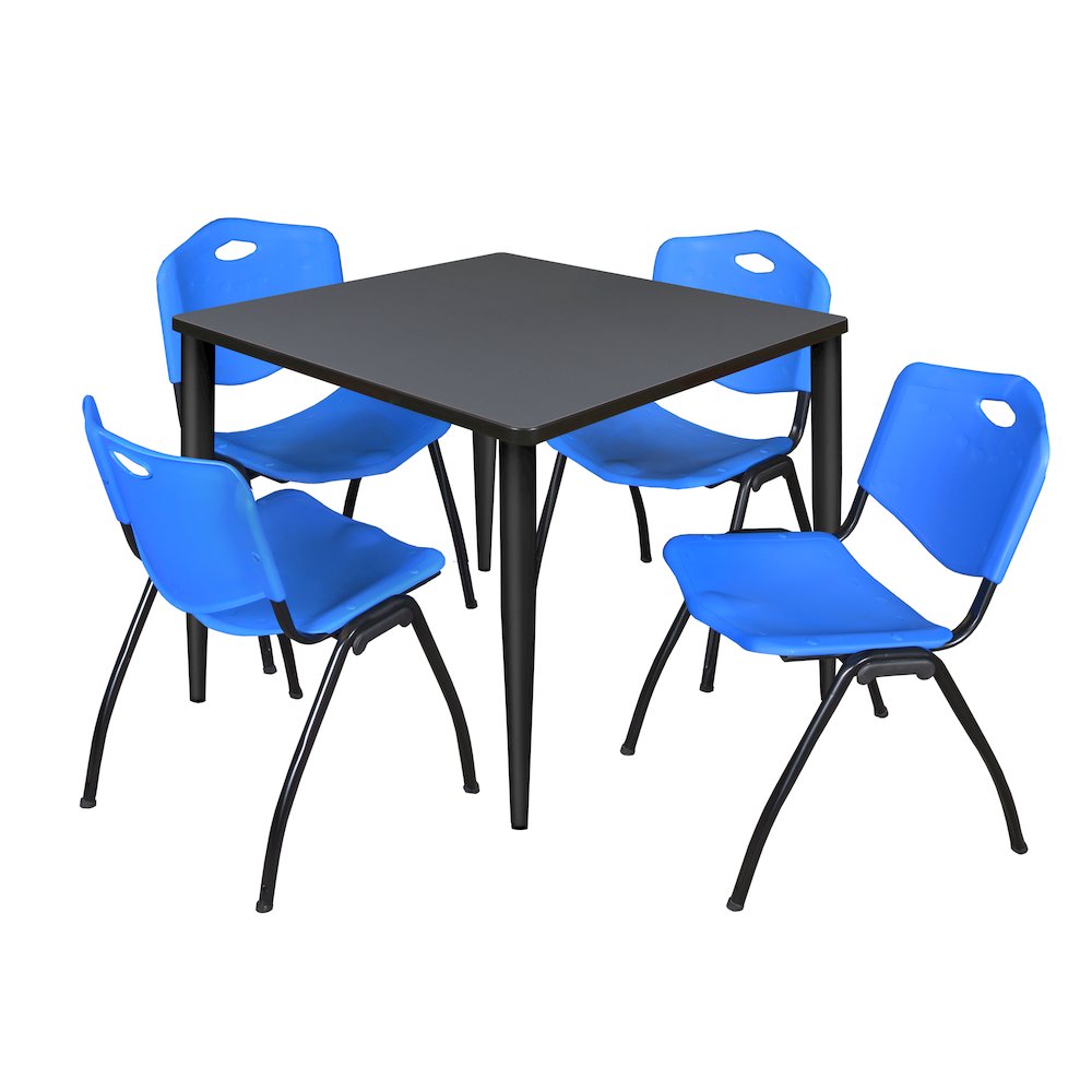 36 in. Square Breakroom Table- Grey Top, Black Base & 4 M Stack Chairs- Blue