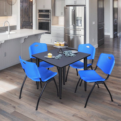 36 in. Square Breakroom Table- Grey Top, Black Base & 4 M Stack Chairs- Blue