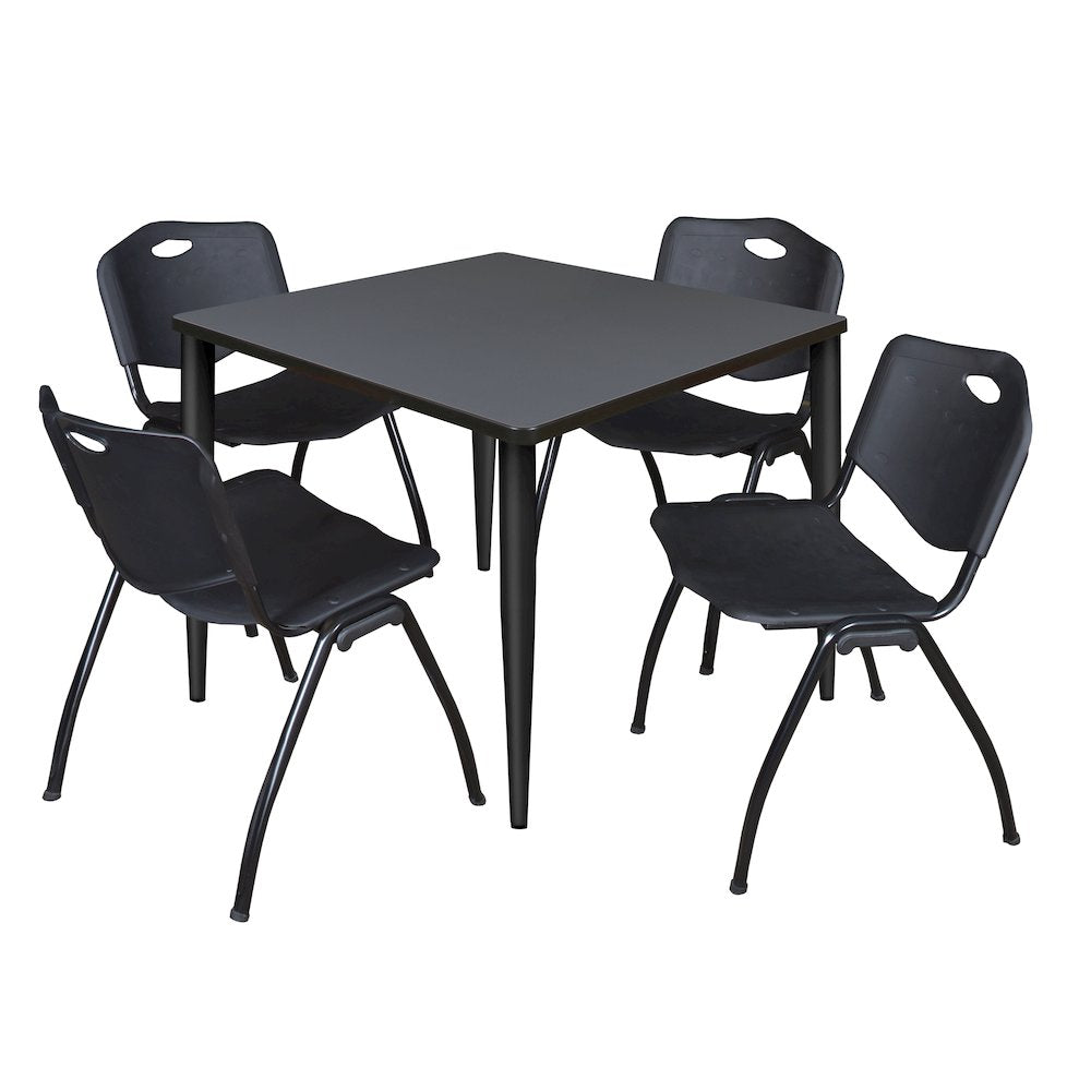 36 in. Square Breakroom Table- Grey Top, Black Base & 4 M Stack Chairs- Black