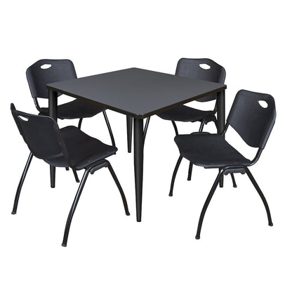 36 in. Square Breakroom Table- Grey Top, Black Base & 4 M Stack Chairs- Black