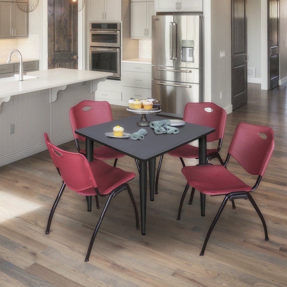 36 in. Square Breakroom Table- Grey Top, Black Base & 4 M Stack Chairs- Burgundy
