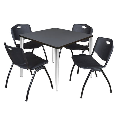 36 in. Square Breakroom Table- Grey Top, Chrome Base & 4 M Stack Chairs- Black