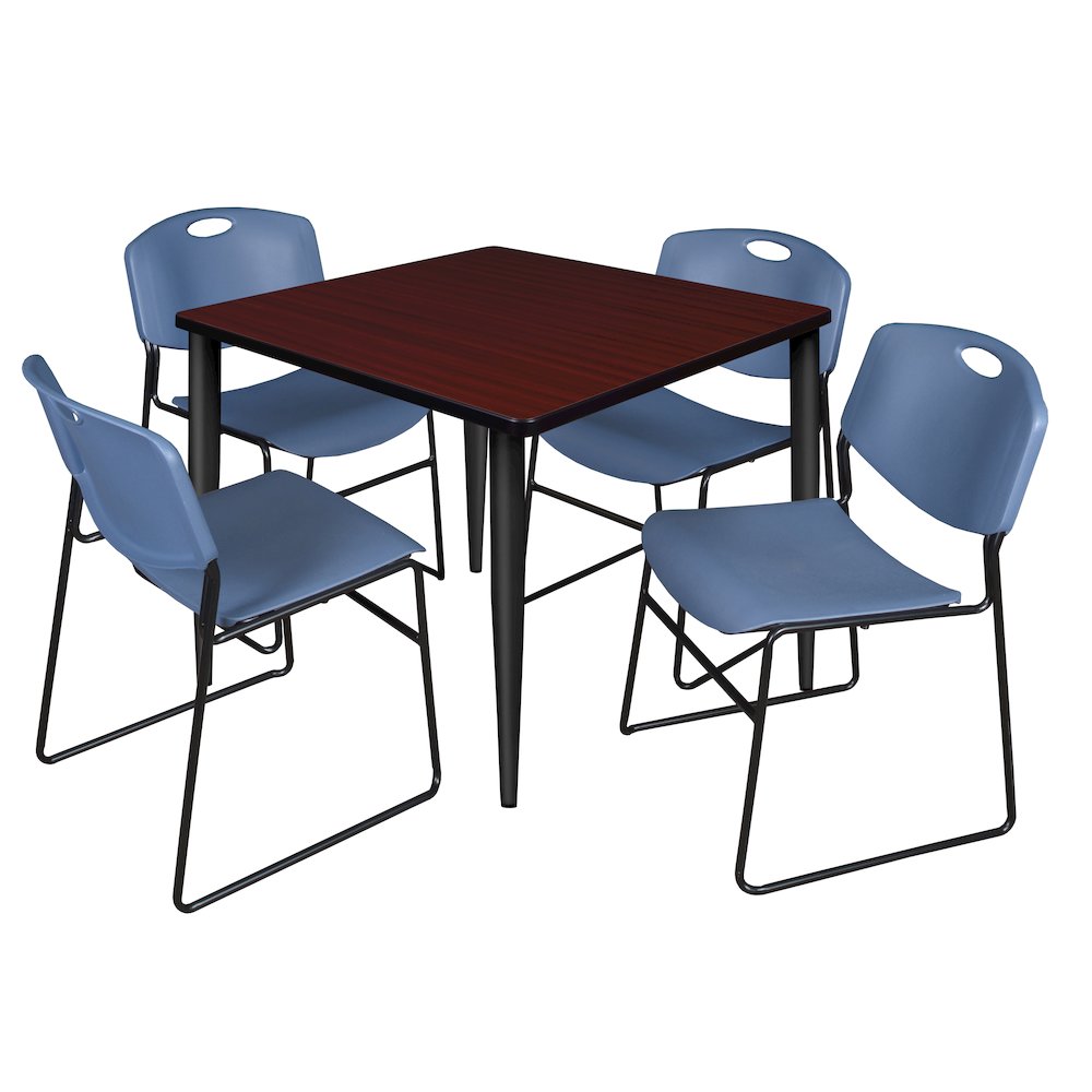 36 Square Breakroom Table- Mahogany Top, Black Base & 4 Zeng Stack Chairs- Blue