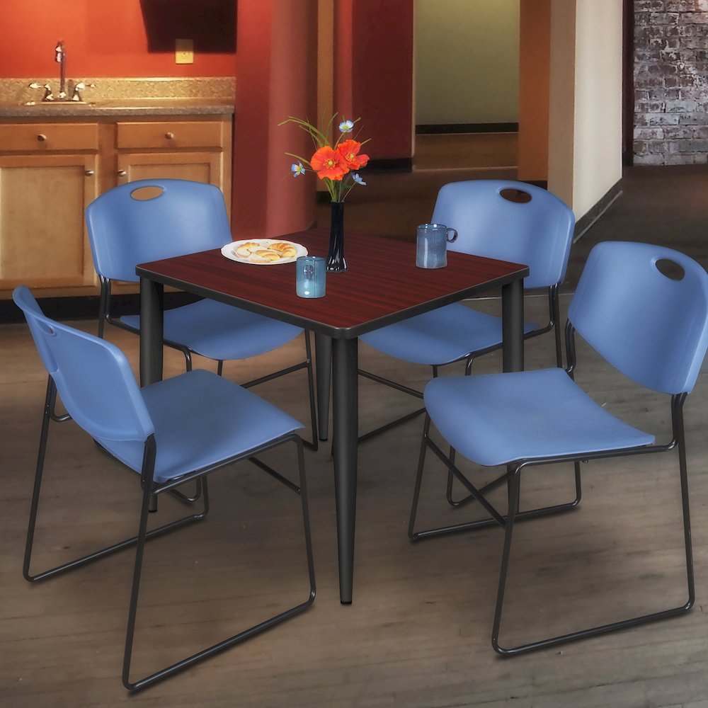 36 Square Breakroom Table- Mahogany Top, Black Base & 4 Zeng Stack Chairs- Blue