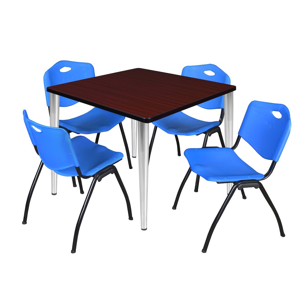36 in. Square Breakroom Table- Mahogany Top, Black Base & 4 M Stack Chairs- Blue