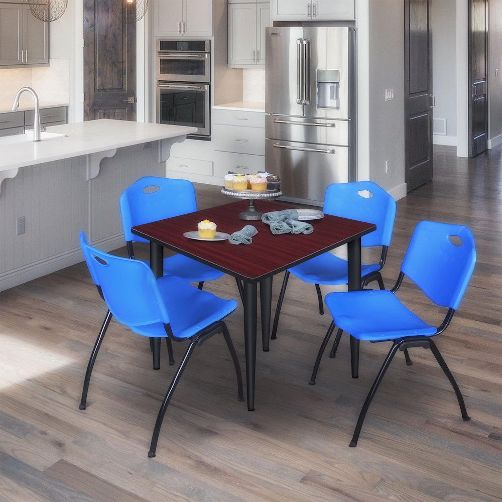 36 in. Square Breakroom Table- Mahogany Top, Black Base & 4 M Stack Chairs- Blue