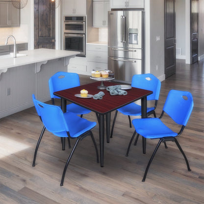 36 in. Square Breakroom Table- Mahogany Top, Black Base & 4 M Stack Chairs- Blue