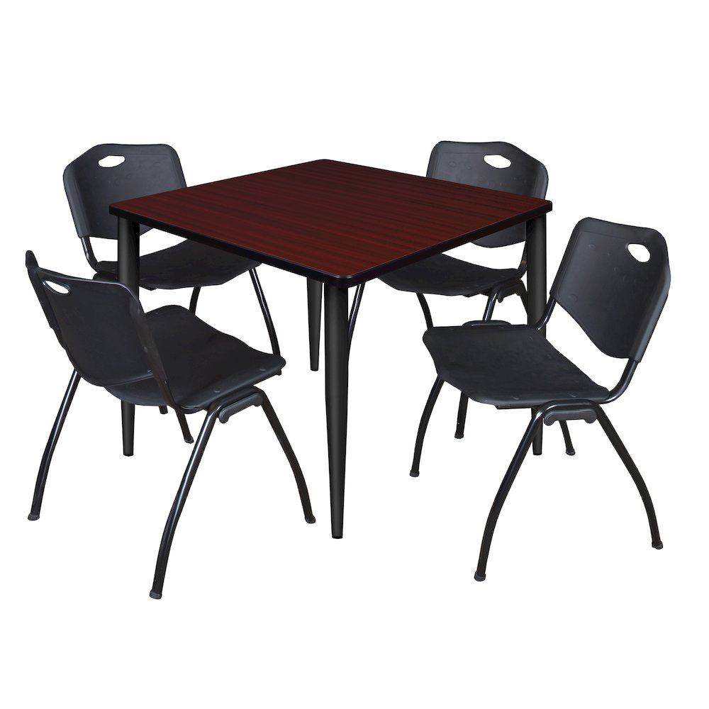 36 Square Breakroom Table- Mahogany Top, Black Base & 4 M Stack Chairs- Black