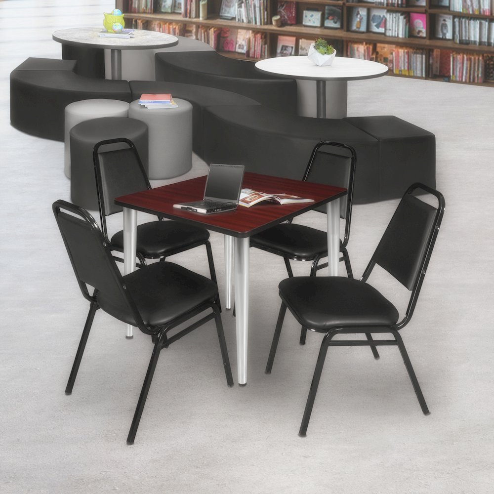 36 Square Breakroom Table- Mahogany Top, Chrome Base & 4 Stack Chairs- Black