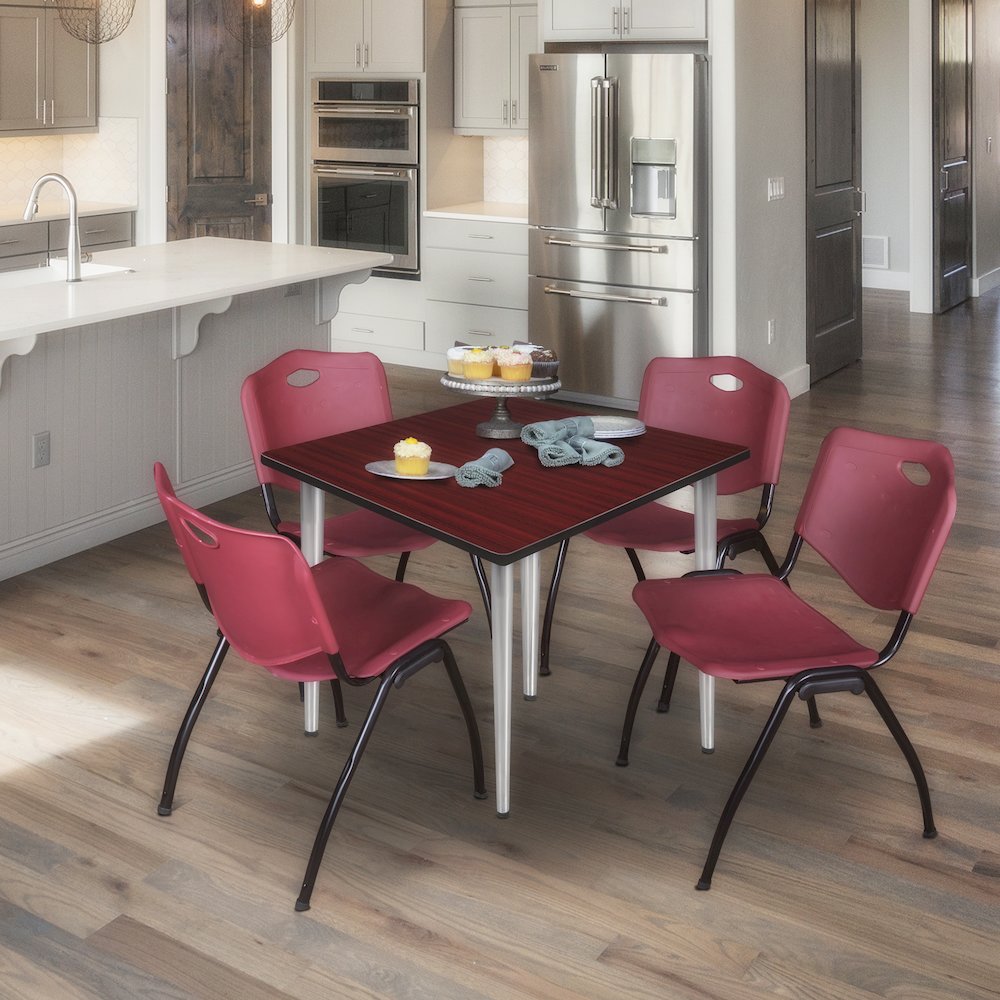 36 Square Breakroom Table- Mahogany Top, Chrome Base, 4 M Stack Chairs- Burgundy