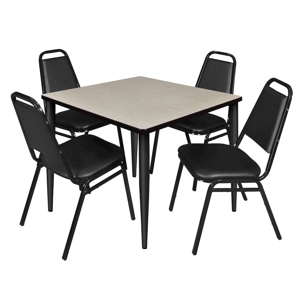 36 Square Breakroom Table- Maple Top, Black Base & 4 Stack Chairs- Black